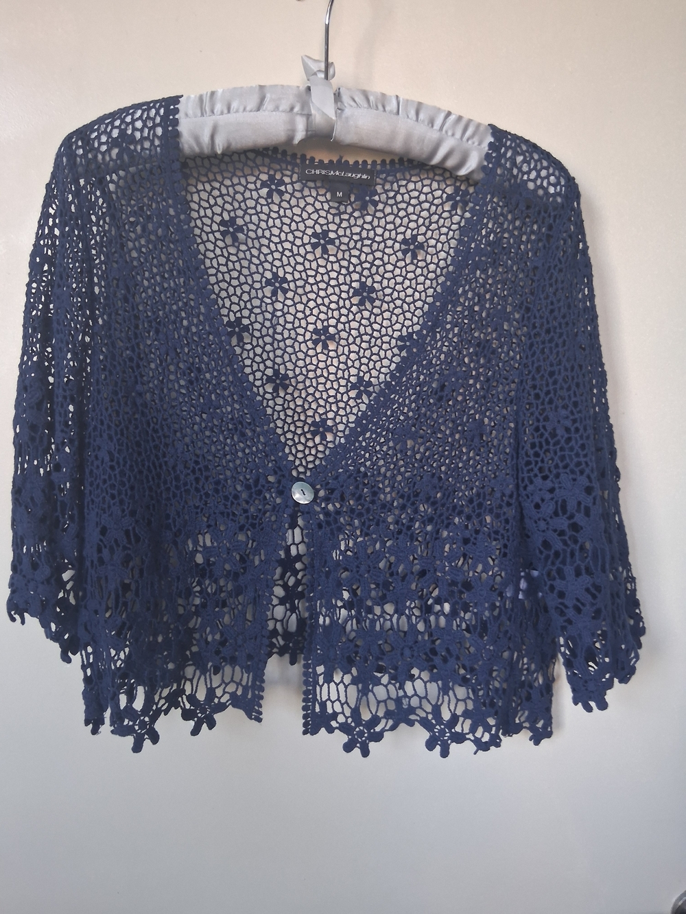 Chris McLaughin Navy Crochet Single-Button Short-Sleeve Cardigan